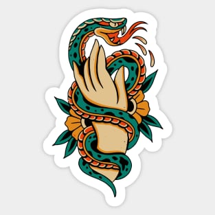 American Traditional Tattoo Snake wrapping Hand with Flowers Sticker